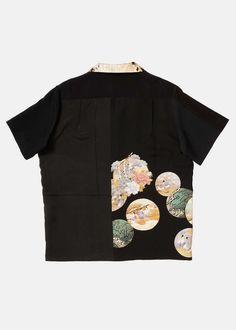 Silk kimono patchwork shirt in black.  short sleeve  front chest pocket  straight hem    100% silk  made in china.    *patchwork/ pattern will differ with each item due to use of vintage fabric" Layering Jacket, Black Tones, Patchwork Shirt, Smokey Topaz, Knit Alpaca, Favorite Daughter, Patchwork Patterns, Mohair Wool, Vintage Kimono