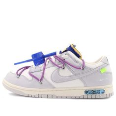 If you're on the hunt for a limited edition sneaker that is sure to turn heads, then look no further than the Nike OFF-WHITE x Dunk Low The 50 NO.48. This stylish low-top sneaker sports a white leather upper with soft grey canvas overlays, and is accented with Virgil Abloh's signature details including a plastic zip tie and printed Helvetica text. pops of color from the secondary lacing system, zip-tie, exposed-foam tongue and rectangular tab on the Swoosh add an extra dose of style. (SNKR/Skate/Casual/Crossover) Off White Dunks, Off White Dunk, Off White Sneakers, Pretty Sneakers, Nike Off White, Dunk Low Nike, Xmas List, Limited Edition Sneakers, Cadillac Escalade