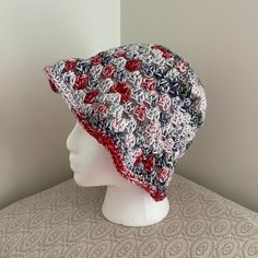 Handmade Crochet Bucket Hat in  Red Grey Green Blue Mix Colors is READY to SHIP Made with 100% Cotton  Perfect for a trip to the beach, festivals, farmer's market, or to just hang out at your favorite spot!  Great for yourself or as a gift!  ✨Handmade in my clean, smoke free home with TLC & attention to detail.  ✨Colors may vary as shown depending on the screen viewed on.  ✨Due to the nature of multicolored yarn, color placement may slightly vary.  The color placement may vary from items shown in the photos & the handmade creations you will receive.  This happens from the different placement variations in the variegated, striping, or ombré yarns.  This helps to make each handmade creation unique.  If you don't see a color you'd like, please ask. ✨We ship out Monday - Friday via USPS except Spring Hat, Fall Hat, Bucket Hat Summer, Ombre Yarn, Spring Hats, Festival Gifts, Crochet Bucket, Fall Hats, Crochet Bucket Hat