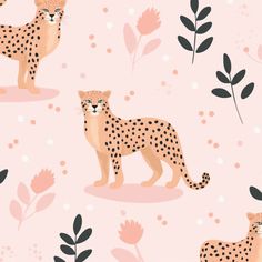 seamless pattern with cheetah and flowers on pink background for fabric or wallpaper