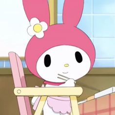 a cartoon bunny sitting in a chair with a flower on it's head and holding a fork