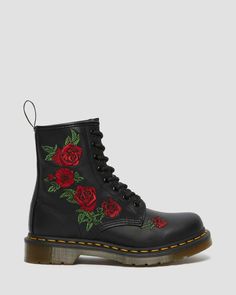 Biker Look, Lace Up Boots Women, Floral Boots, Yellow Heels, Embroidered Roses, Leather Lace, Dr. Martens Boots