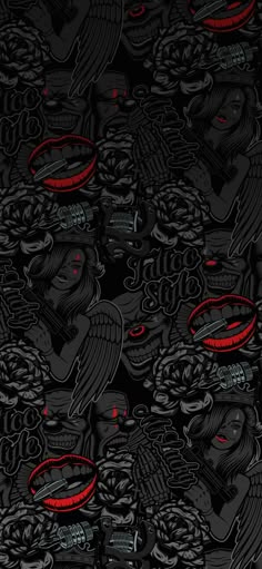 an abstract black background with red circles and skulls on the bottom right hand corner,