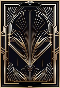 an art deco style poster with gold and black accents on a black background, the image is