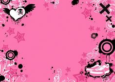 a pink background with black and white hearts, stars, and other things on it