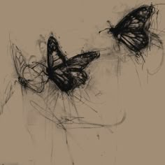 two butterflies sitting on top of each other in black and white ink, against a light gray background