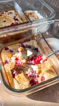 two glass casseroles filled with food on top of a table