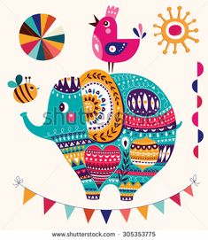 an elephant with a bird on it's back is surrounded by flags and bunting