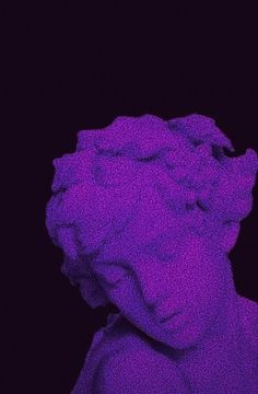 a purple statue is shown against a black background in this artistic photo, it appears to be the head and shoulders of a woman with curly hair