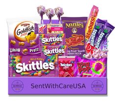 an assortment of skittles and candy in a purple gift box with the words, sentwithcareusa