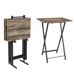 two wooden tables sitting next to each other on top of metal legs, one with a wood box