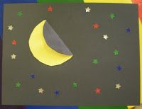 a painting with stars and a half moon on it's side in front of a multi - colored background