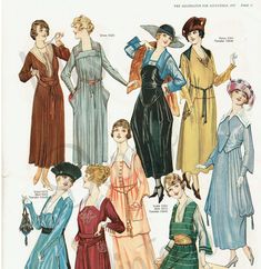 This is a digital e-book of the 38 pages of sewing pattern advertisements and historical reference articles featured in Delineator Magazine from September 1917. The e-book is composed of high-quality scans of fashions that give one an idea of early WWI women's clothing. Included in this issue along with pertinent fashion pages are the following articles and features: Two Gardens that Grow A Model Battleship from Captain Jack to Billie Mascot Our Thrift Series Flowers from the Summer Garden A Cri 1917 Fashion, 1918 Fashion, 10s Fashion, 1920 Style, Fashion 1910, 1910s Fashion, 1920 Fashion, Fashion Illustration Vintage, 20th Century Fashion