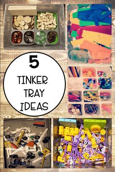 five tinker trays filled with different types of crafts and activities for kids to make