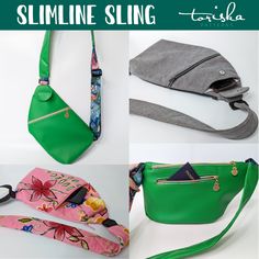 four different types of purses with the words slimline sling on them and in front