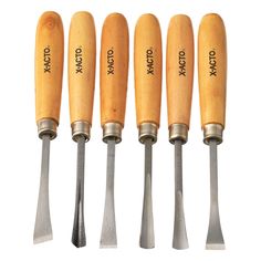 five wood carving tools lined up next to each other on a white background with the words macho written in cursive writing