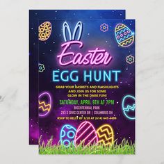 an easter egg hunt flyer with neon lights