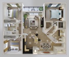 an overhead view of a two bedroom apartment