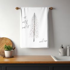 a kitchen counter with a towel hanging on the wall and a potted plant next to it