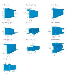 the different types and sizes of steel beams are shown in blue, with measurements for each