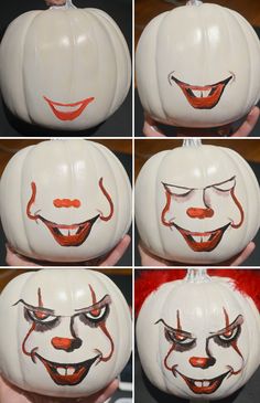 four pictures of the face of a clown painted on a pumpkin