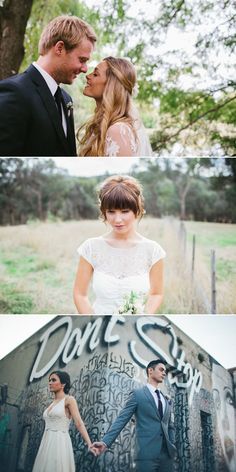 three different shots of a bride and groom in front of graffiti on the side of a building