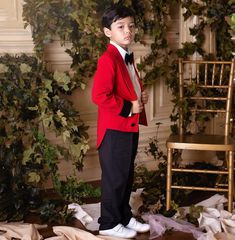 The Charles Suit in Red and Black is a gorgeously tailored boys suit. They are made with as much attention to detail and luxurious fabrics as gentlemen's suits. The suit includes a pair of perfectly pleated slacks, a high-quality cotton shirt, a satin lined jacket with tails, and a beautiful bow tie. Your little man will be the best dressed in town! ⦁ Suit jacket, button down shirt, pants, and bow tie.⦁ 0-6 months -12 years Don't see what you need?CUSTOM ORDERS - If your desired size is not avai Pleated Slacks, Suspenders Set, Black Bow Tie, Beautiful Suit, Itty Bitty, Line Jackets, Black 7, Black Bow