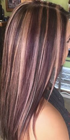 Plum Purple Hair With Blonde Highlights, Blond And Purple Highlights On Brown Hair, Purple Hair Chunky Highlights, Blonde And Dark Purple Highlights, Purple Hair Highlights On Brown Hair, Colored Stripes In Hair, Purple Stripes In Brown Hair, Underdye Hair With Highlights, Dark Hair With Purple Peekaboo