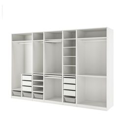 a white closet with drawers and shelves on each side is shown in front of a white background