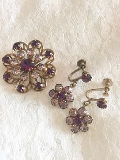 Vintage /Antique Brooch/Earrings Set, screw back old fashion style earrings, purple stones, very Pretty and danity Style, Gold/Brass like settings. No box included. Measurements Approximately: Let me know if questions All sales are final Buy vintage and save our environment. Old Earrings, Purple Brooch, Pink Jewels, Earrings Purple, Antique Brooches, Purple Earrings, Old Fashion, Purple Stones, Purple Crystals