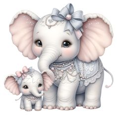 a baby elephant standing next to an adult elephant with pearls on it's tusks