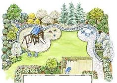 a drawing of a small garden with a playground and water feature in the center, surrounded by trees