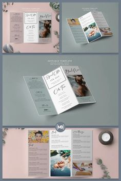 an open trifold brochure with photos and text on it, in pastel colors