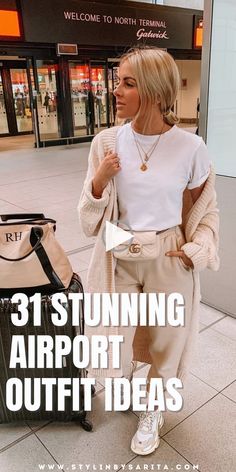 a woman standing in an airport with her luggage and the words 31 stunning airport outfit ideas