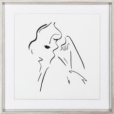 a black and white drawing of a woman's face with her hand on her shoulder