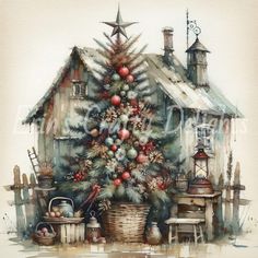 a watercolor painting of a christmas tree in front of a house with ornaments on it