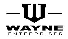 the wayne enterprises logo is shown in black and white, with an arrow above it