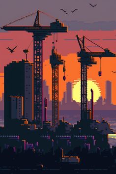 a city skyline with cranes in the foreground and birds flying over it at sunset