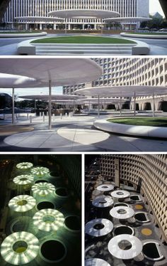 several different images of the outside of a building with lights on them and in front of it