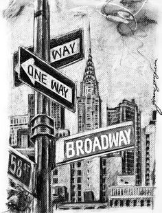 a drawing of a street sign with the words broadway on it and an airplane in the background