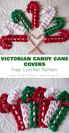 crocheted candy canes with the words victorian candy cane covers