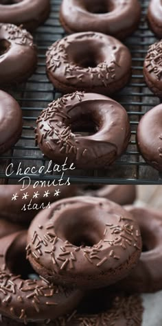 chocolate donuts with sprinkles sitting on top of a cooling rack next to each other