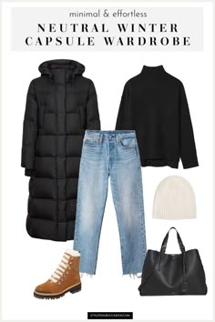 Do you want to create a winter capsule wardrobe for the 2022/2023 winter season? Get the perfect checklist of winter wardrobe essentials with this modern, minimalist, and chic capsule. See casual and dressy outfits for every day life, and work too. Cold weather won't get you down this winter! Winter Outside Outfits Cold Weather, Cold Weather Outfits Nyc, Cute Easy Winter Outfits, Winter Outfits With Doc Martens, Womens Cold Weather Outfits, Winter Weekend Outfit, Recreate Outfits, Snow Outfits, Snow Day Outfit