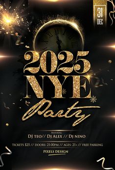 new year's eve party flyer with gold glitters and clock on black background