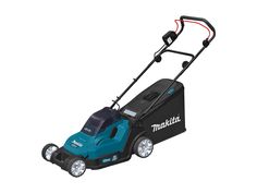 a blue lawn mower with the words makita on it