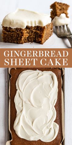 gingerbread sheet cake with cream cheese frosting on top