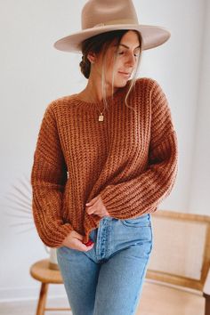 Details Made of a super soft, lofty yarn, this burnt orange sweater has a slightly cropped length and relaxed fit. It looks great with high-waisted denim or layered over a slip dress. Medium-weight knit Crew neckline Long sleeves Cropped length with relaxed fit Color: Pumpkin Gold Fabric + Fit 100% Polyester Hand wash cold. Fit is relaxed, we suggest taking your true size. XS (0-2), S (4-6), M (8-10), L (12) Imported Measurements Model is wearing a size Small Model Measurements: Height 5’8 | Bus Orange Sweater Outfit, Fall Family Outfits, Burnt Orange Sweater, Fall Sweaters For Women, Fall Winter Jacket, Sweater Outfits Fall, Mustard Sweater, Teal Sweater, Orange Sweater