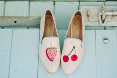 Color: Beige, multi-colored pattern Uppers: Patent Leather, stitched strawberry and cherry Sole: Resin Heel height: 1.5cms Fit: Recommend to take one size bigger Womens Loafers, Leather Slip On Shoes, Leather Slip Ons, Loafers For Women, Shoe Brands, Slip On Shoes, Muse, Patent Leather, Heel Height