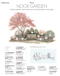 the front cover of nook garden magazine, featuring an image of a bench and trees