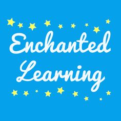 the words enchanted learning written in white on a blue background with yellow stars